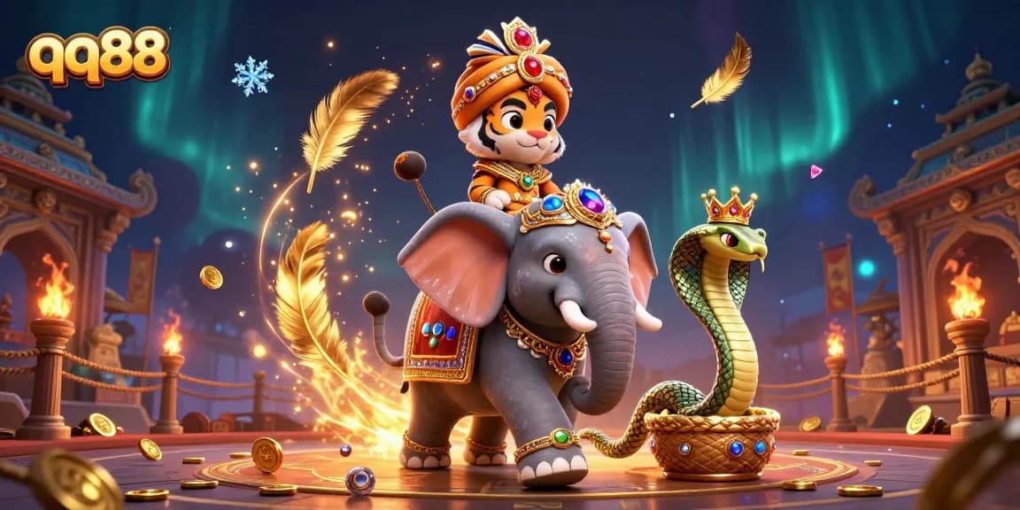 Engage with qq88's immersive online casino experience featuring a vibrant elephant and dynamic gambling environment.
