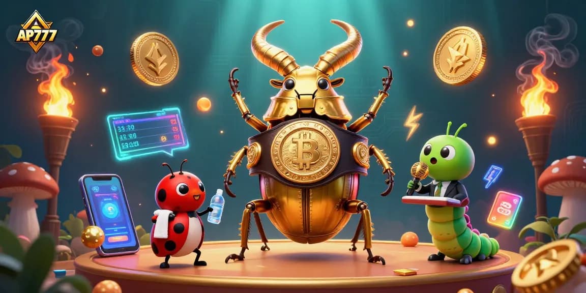 Engage in thrilling action with AP777 featuring a golden stag beetle as a champion in this dynamic casino scene.