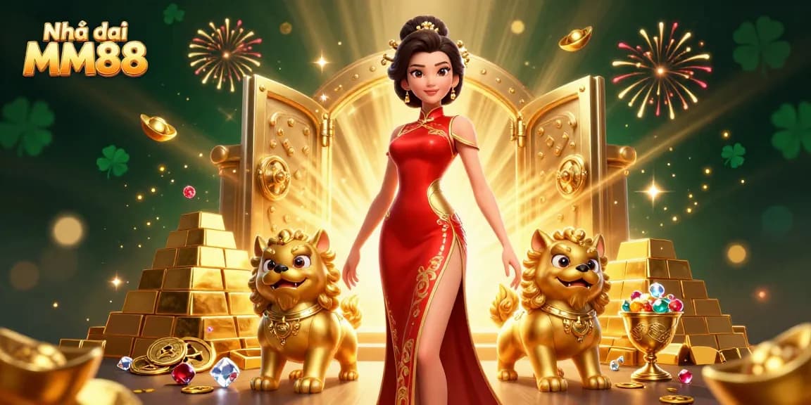 Experience the thrill at Nhà cái MM88 with a glamorous 3D scene filled with golden treasures and vibrant visuals.