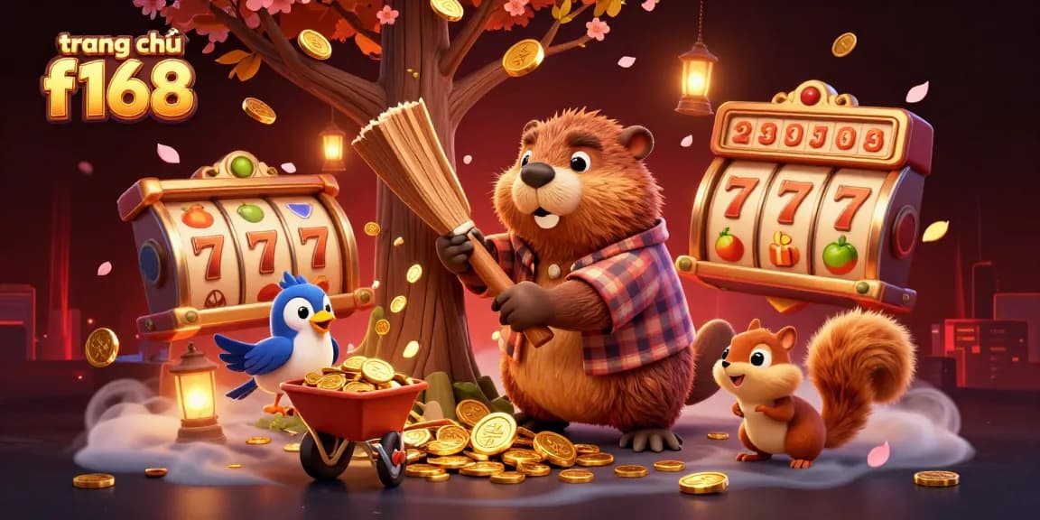 Experience excitement at trang chủ f168 with a vibrant 3D casino scene featuring beaver and friends collecting coins.