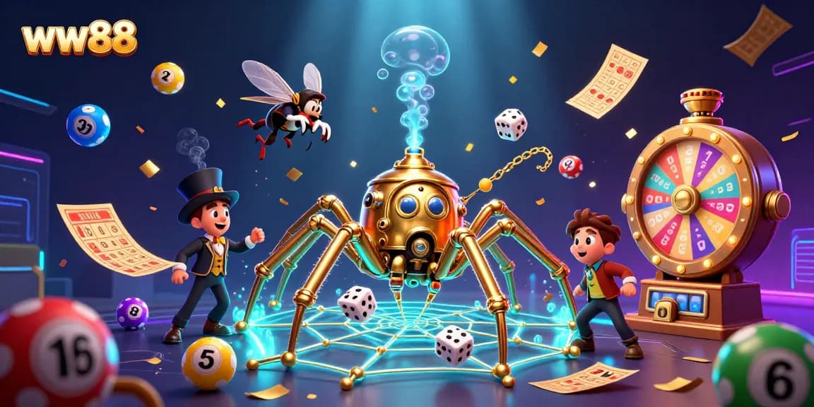 Experience ww88 with a golden spider crafting a web of luck amidst vibrant casino elements.