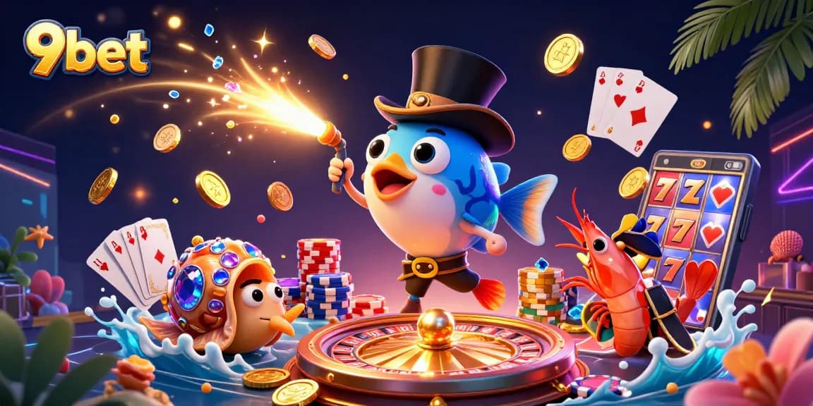 Play at 9bet with a vibrant, dynamic cartoon scene illustrating gaming excitement alongside gem-filled treasures.