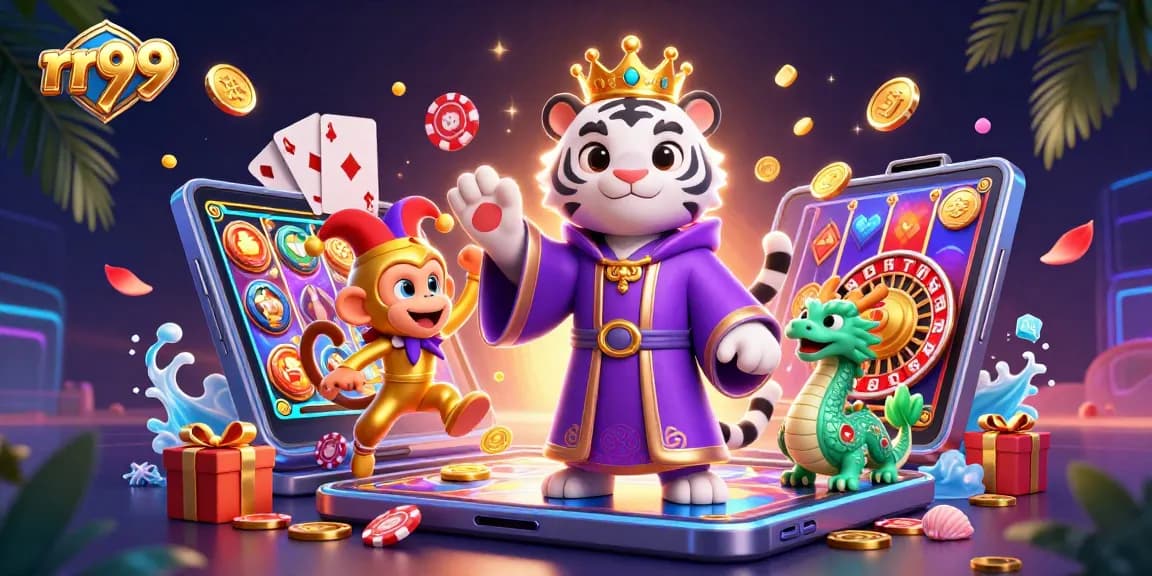 Experience thrilling gaming at rr99 with a vibrant scene of a royal tiger and playful monkey amidst casino elements.