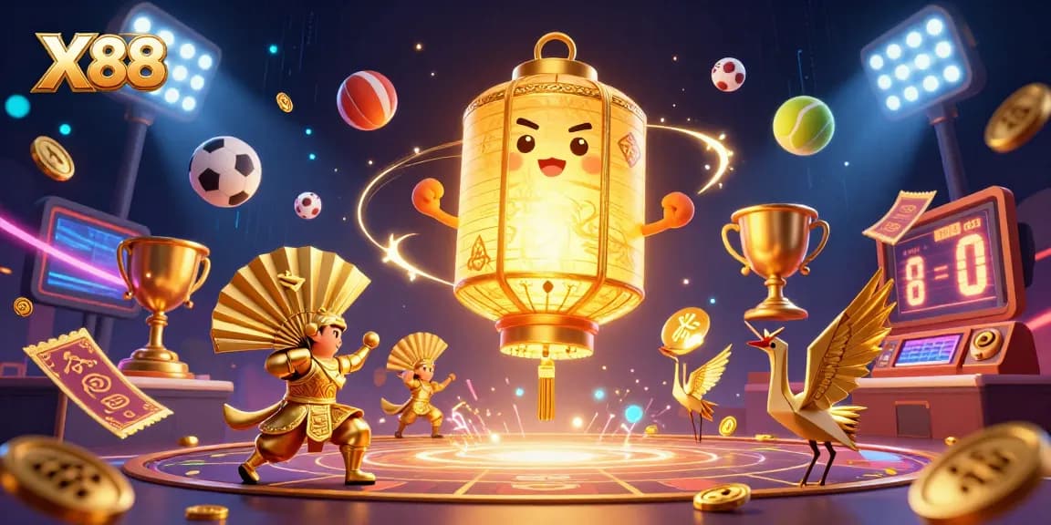 X88 captures the excitement of betting with vibrant sports elements and glowing characters in a dynamic casino scene.