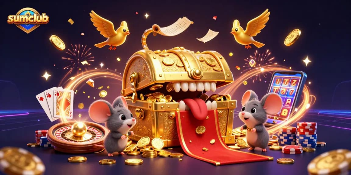Experience thrilling gaming action with sumclub's vibrant 3D treasure scene, featuring golden riches and dynamic casino elements.