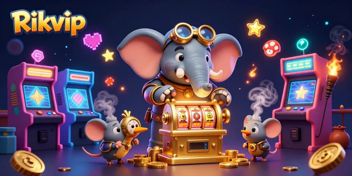 Rikvip gaming experience visualizes a steampunk elephant engineer with golden slot machines amidst neon arcade elements.