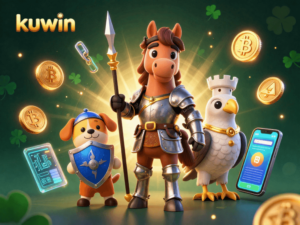Kuwin offers thrilling gaming with 3D knight and puppy characters in a vibrant casino setting.
