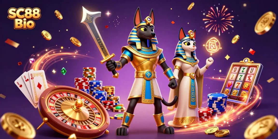 Engage in thrilling gaming with SC88 Bio, featuring Anubis and Bastet amidst casino riches.