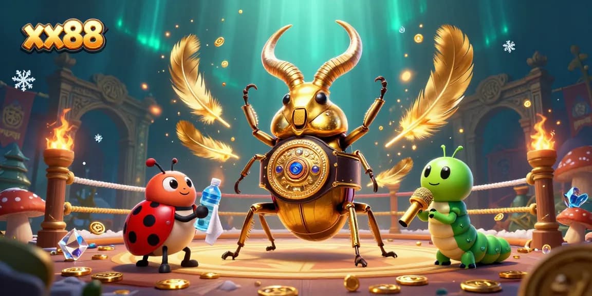 Engage in thrilling action with xx88 as the golden stag beetle champion faces off in an epic betting arena.