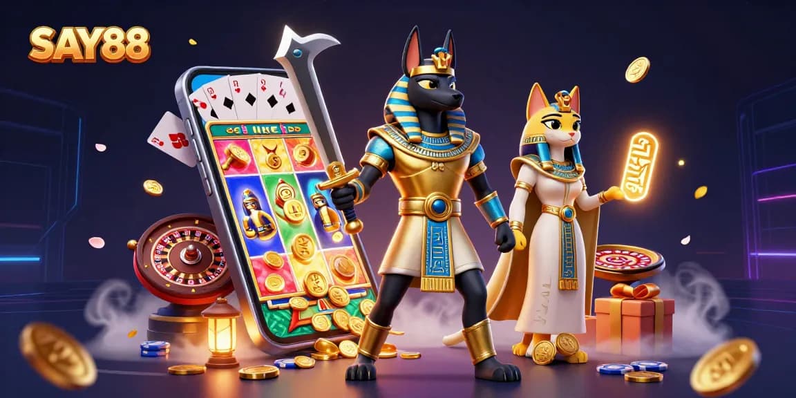 SAY88 immersive online casino experience with Anubis and Bastet among spinning slot games and glowing hieroglyphs