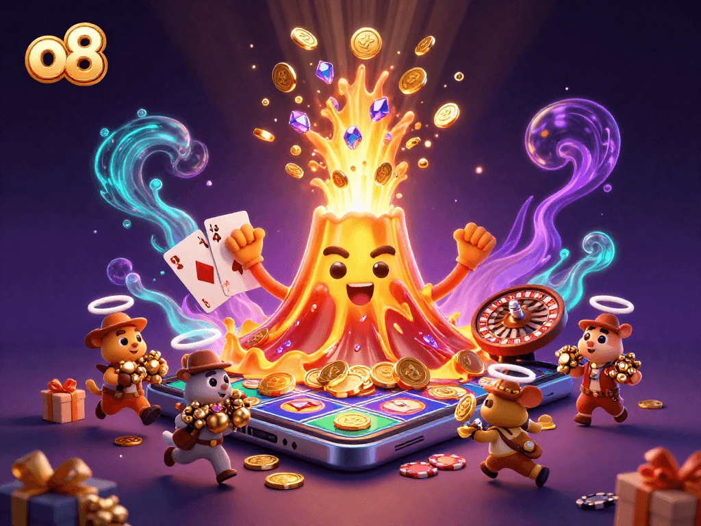 Experience the excitement of o8 with a 3D vibrant casino eruption, overflowing with treasures and games.