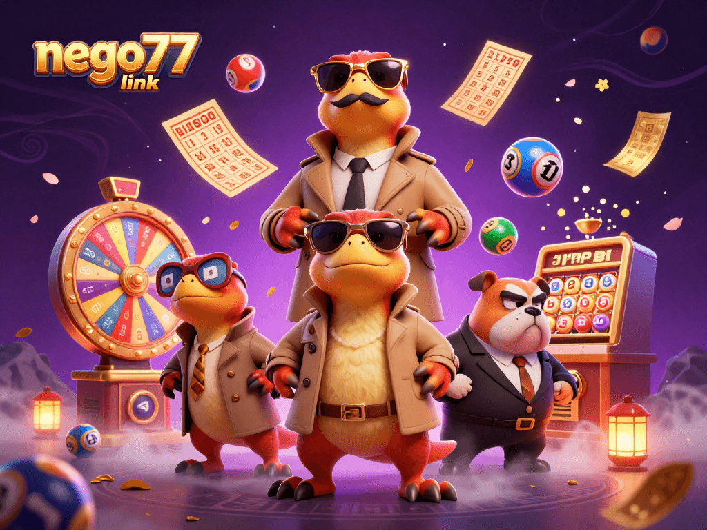 Engage with the exciting nego77 link for lottery gaming with cartoon raptors entering a VIP casino lounge.