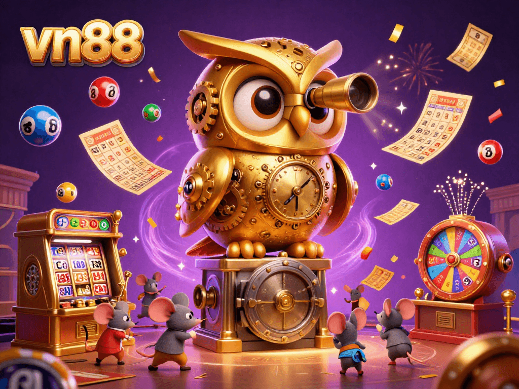 Experience excitement at vn88 with a gold owl overseeing a lively casino filled with lottery balls and vibrant games.