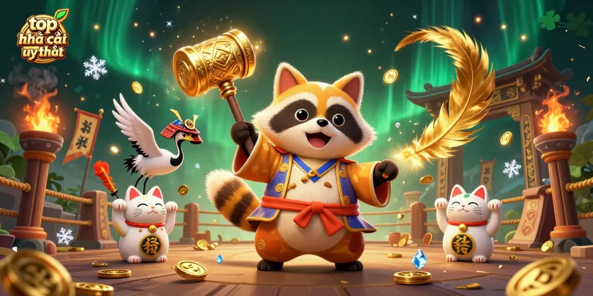 Engaging scene showcasing top nhà cái uy tín with raccoon and crane companions amid vibrant casino elements and gold coin action