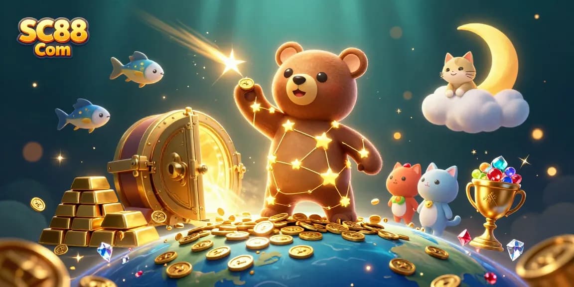 Experience thrilling wins at SC88 Com with vibrant casino-themed 3D illustration full of treasures.