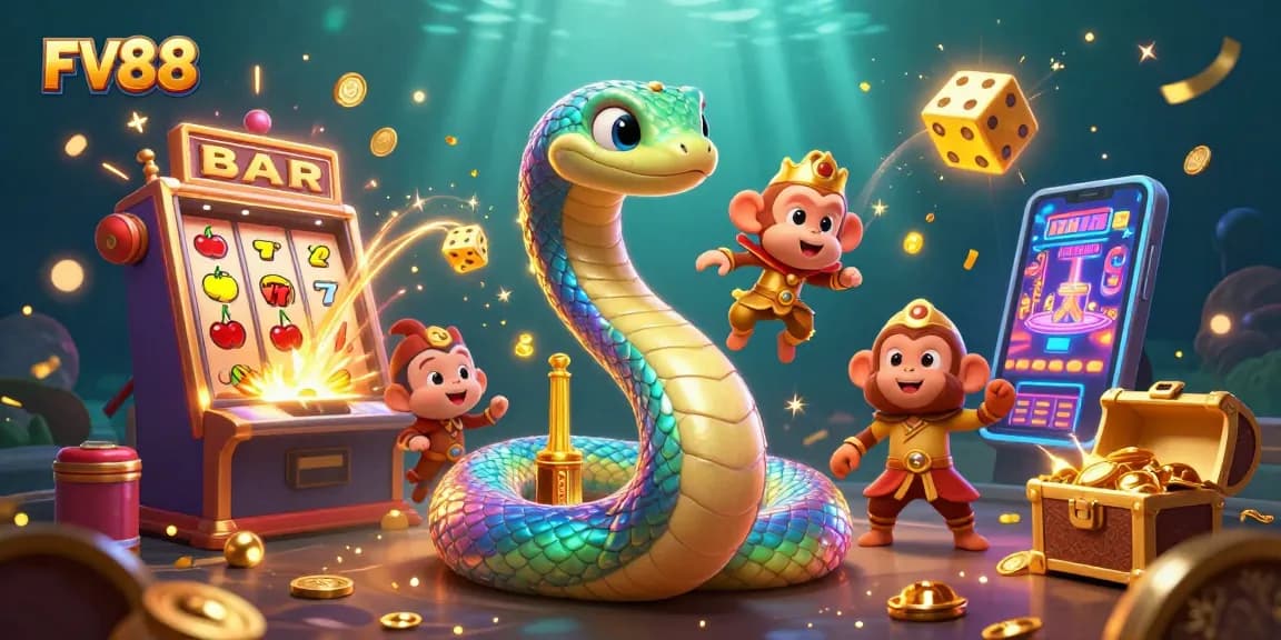 Experience the excitement of FV88 with the vibrant jackpot and playful characters in a dynamic casino scene.