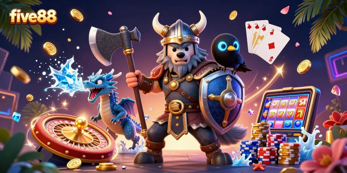 Win big with five88 in a dynamic casino scene featuring a Viking wolf warrior and dragon.