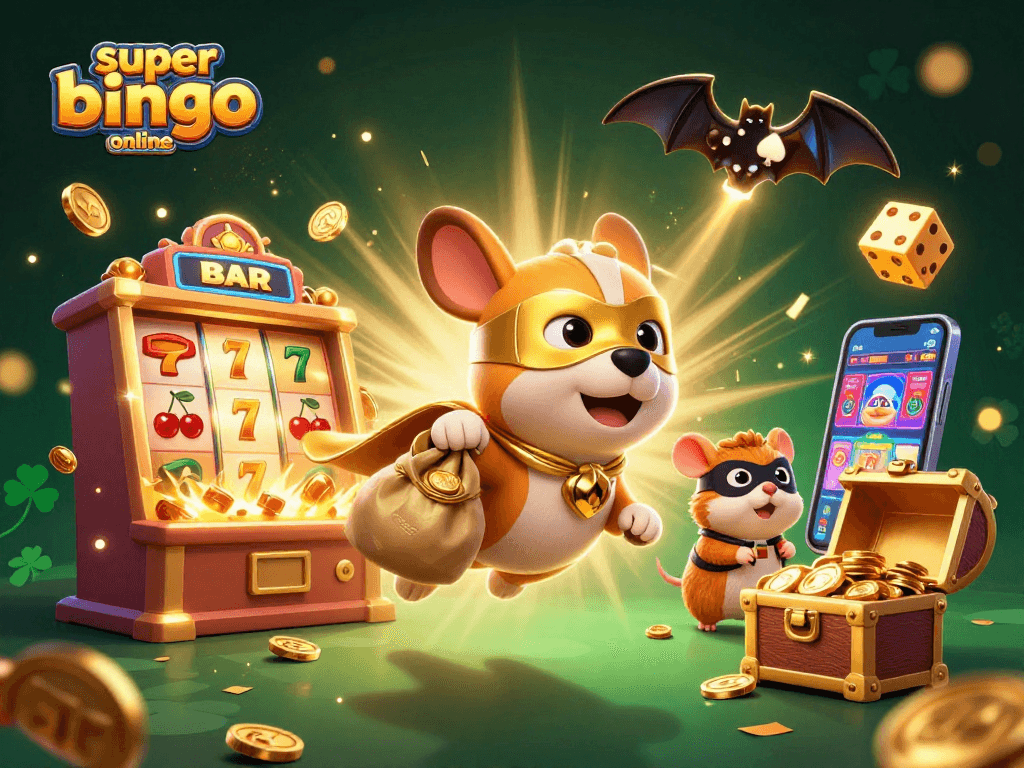 Experience super bingo online with a thrilling scene of jackpot excitement and whimsical characters.