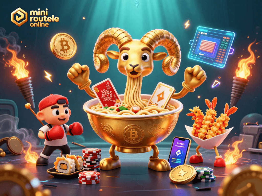 Engage with mini roulette online through a vibrant scene featuring a giant ramen bowl dealer amazed by glowing cryptocurrencies.