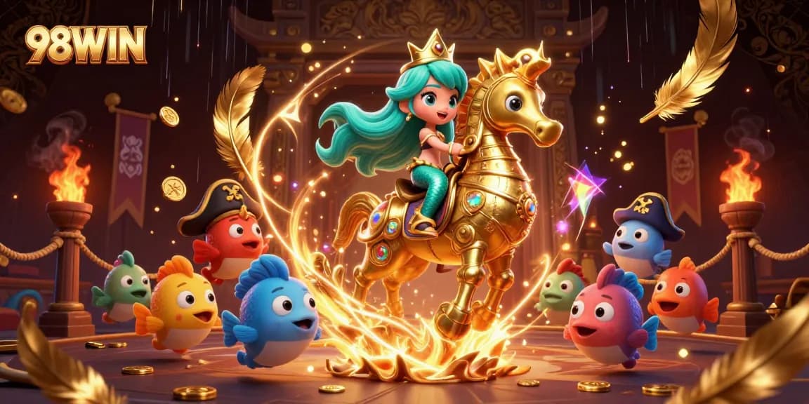 Engage with 98WIN's vibrant casino world featuring a mermaid princess and exciting game elements.