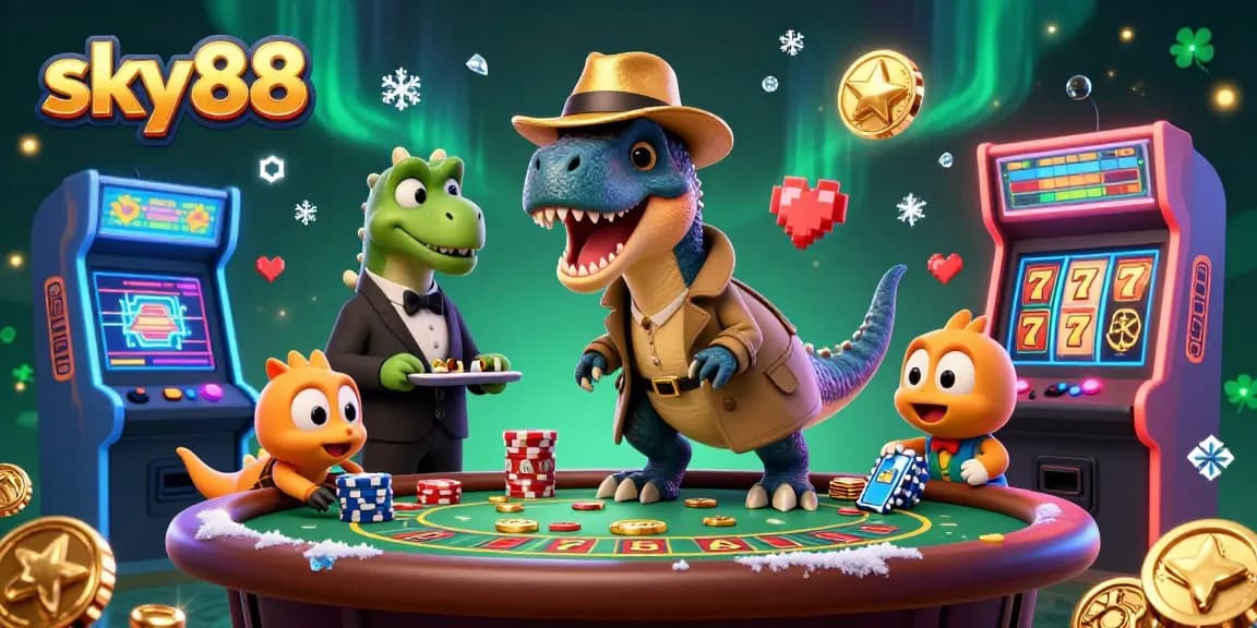 sky88 velociraptor card counter sneaks chips at a blackjack table in a colorful arcade scene