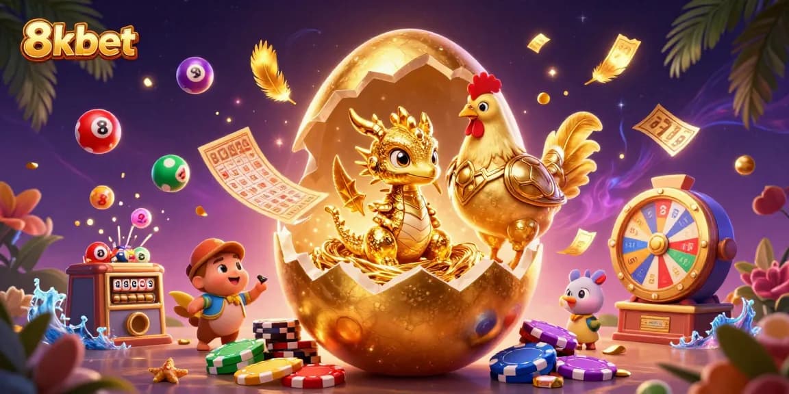 The 8xbet dragon surrounded by poker chips and colorful lottery balls, enjoying a vibrant gaming atmosphere.