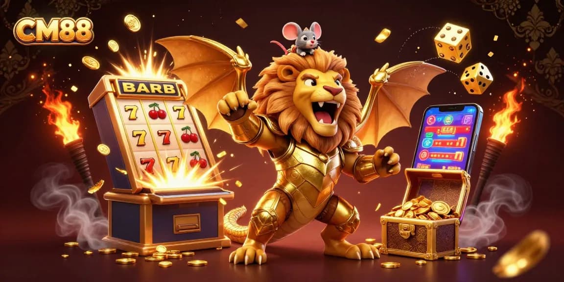 Experience thrilling casinos with CM88, featuring dynamic slot machines and a victorious chimera.