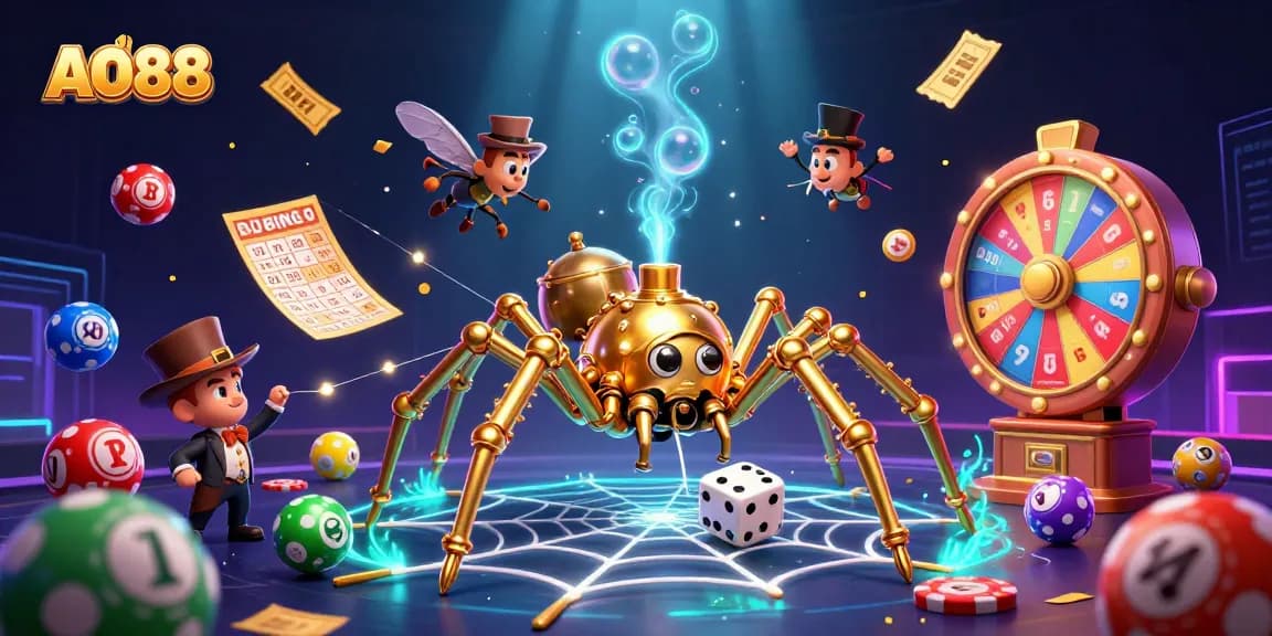 Visit AO88's colorful casino scene featuring a playful steampunk spider in a vibrant gambling web.