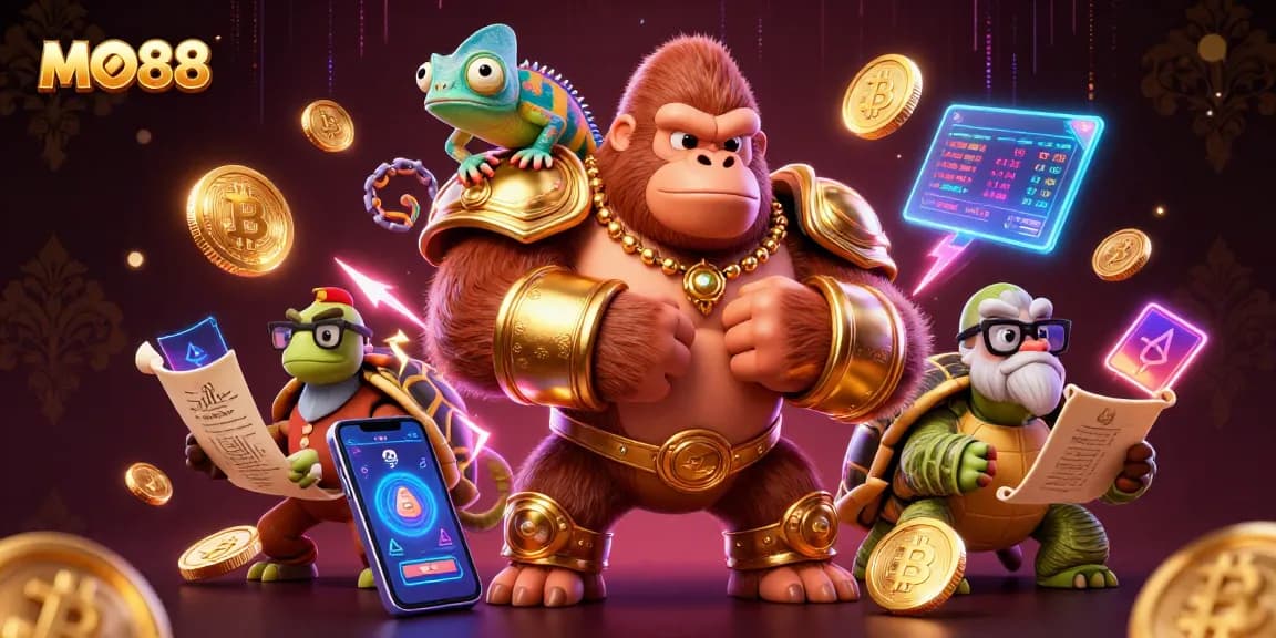 Engage with MO88's casino world through an exciting digital illustration of a gorilla king and friends.