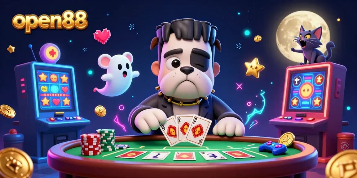 Engage with open88 as the Frankenstein bulldog deals cards at a vibrant casino, surrounded by vibrant gaming elements.