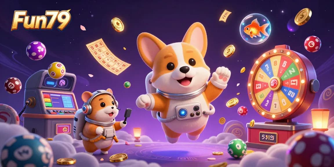 Experience Fun79's exciting space casino adventure with a floating corgi astronaut and vibrant lottery elements.