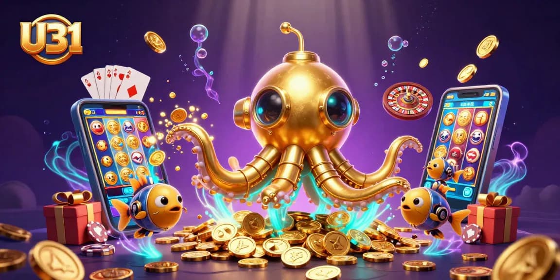 Play exciting slot games at U31 while surrounded by treasures in this vivid 3D lottery scene.