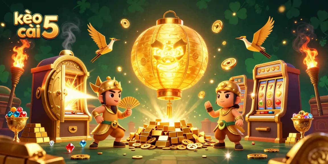 Engage with kèo nhà cái 5 at dynamic casino illustrations featuring lucky symbols and treasures.