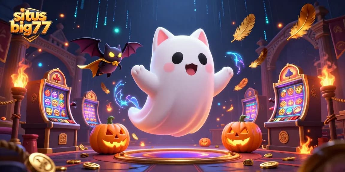 Experience the excitement at situs big777 with a ghost cat and a bat amid dynamic casino elements.