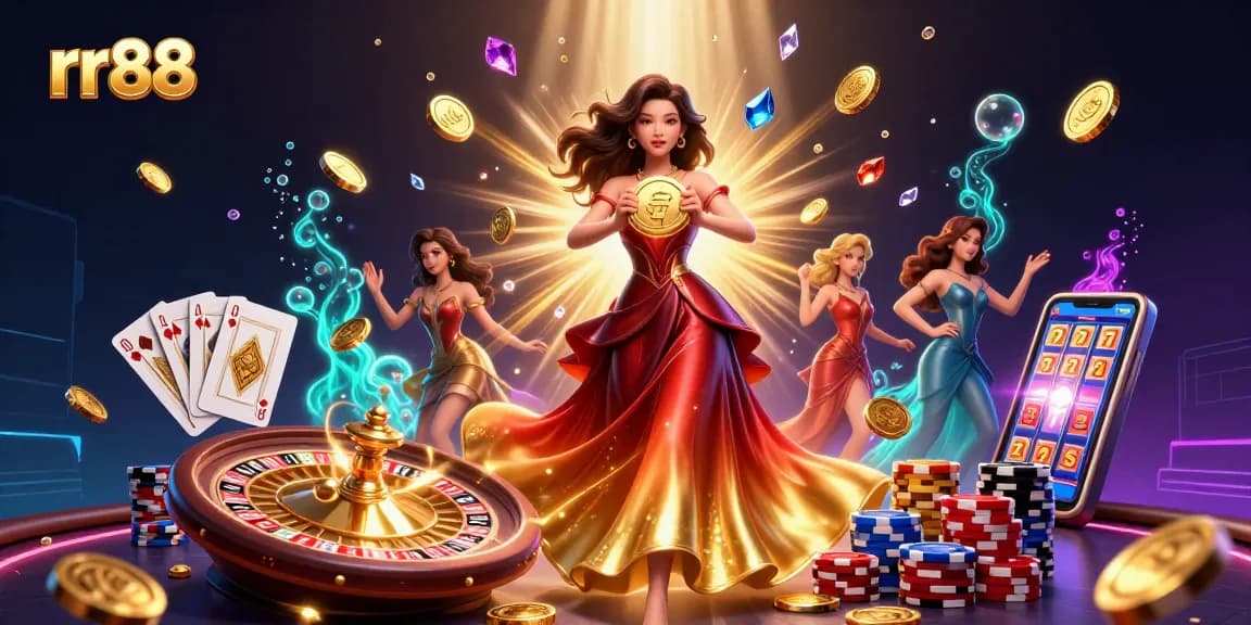 Experience the thrill of rr88 with stunning visuals of casino action, golden coins, and winning moments.