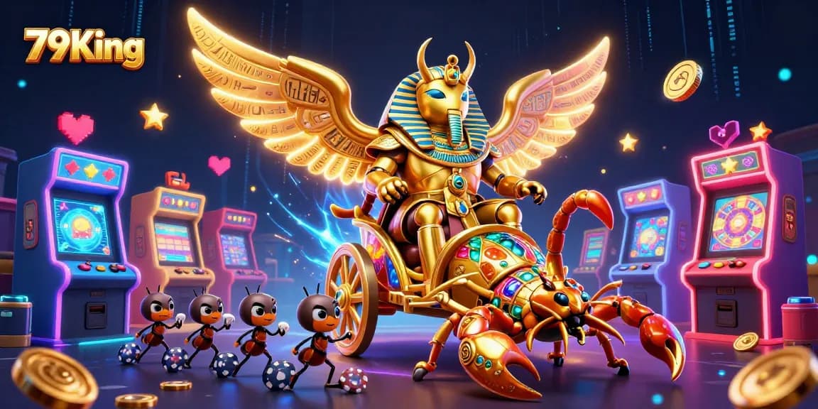 Experience thrilling gameplay at 79King with a vibrant casino-themed illustration of games and characters.