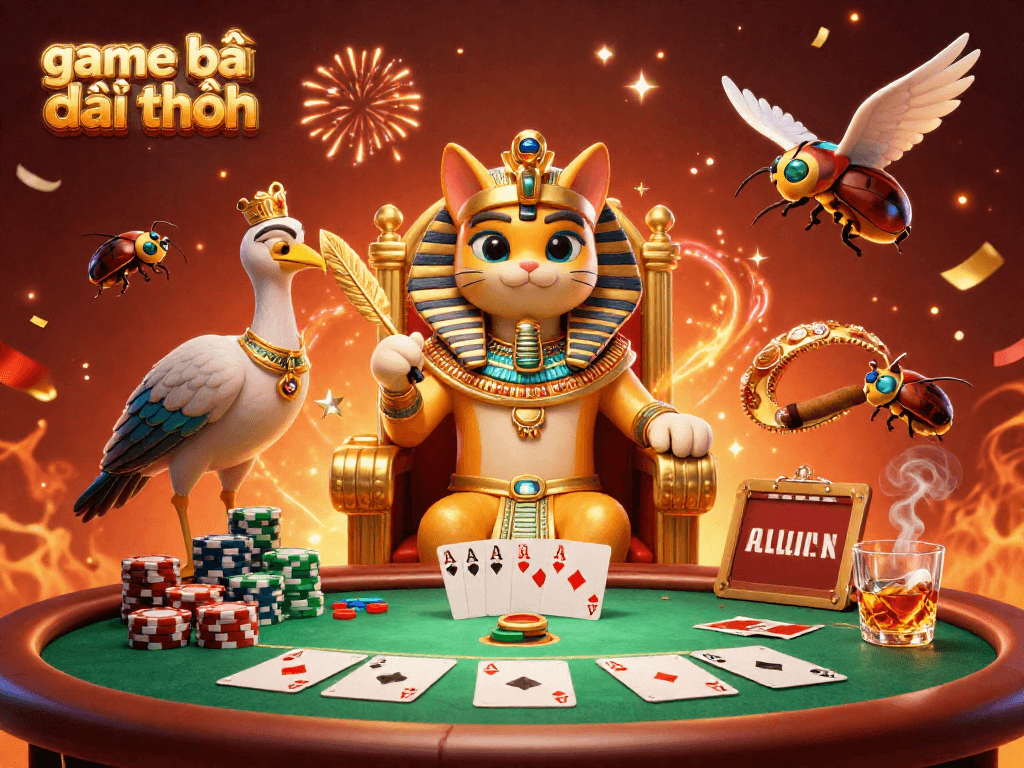 Experience the excitement of game bài đổi thưởng with a captivating poker scene featuring an Egyptian pharaoh cat.