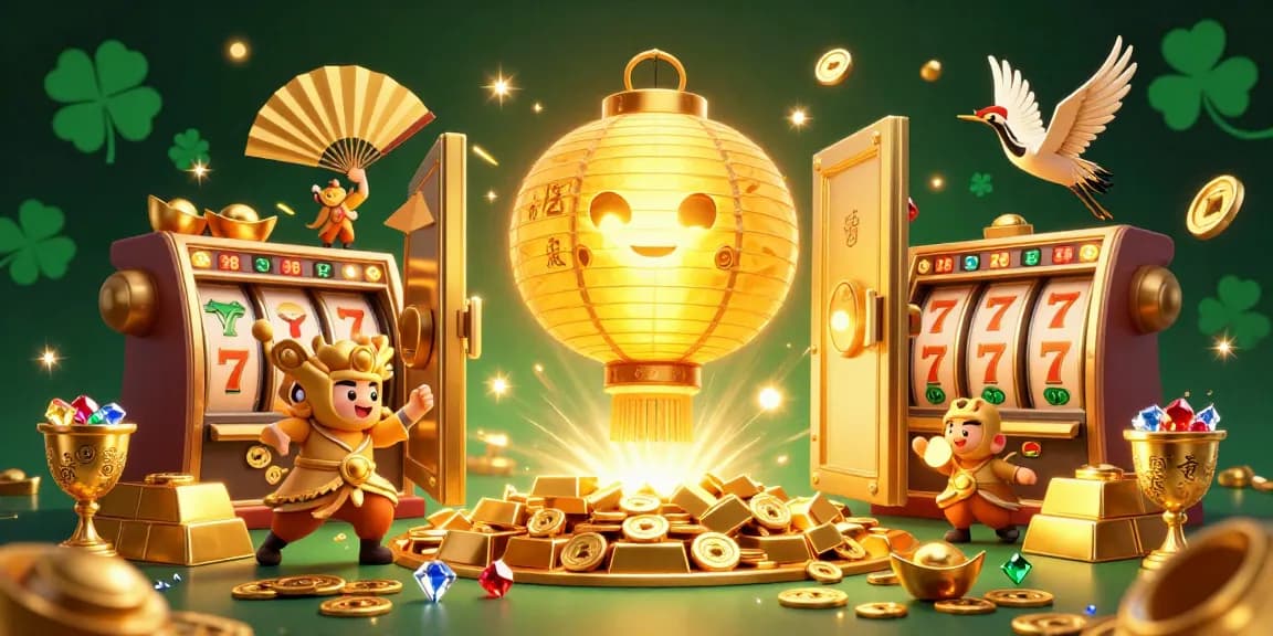 X88 gaming scene featuring a golden lantern spirit amidst slot reels and treasure, showcasing vibrant casino action.
