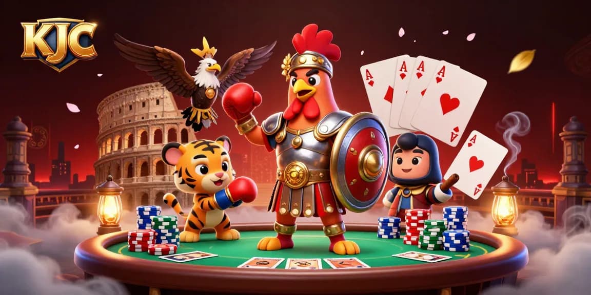KJC offers thrilling poker action in a vibrant casino-inspired scene featuring a rooster warrior.