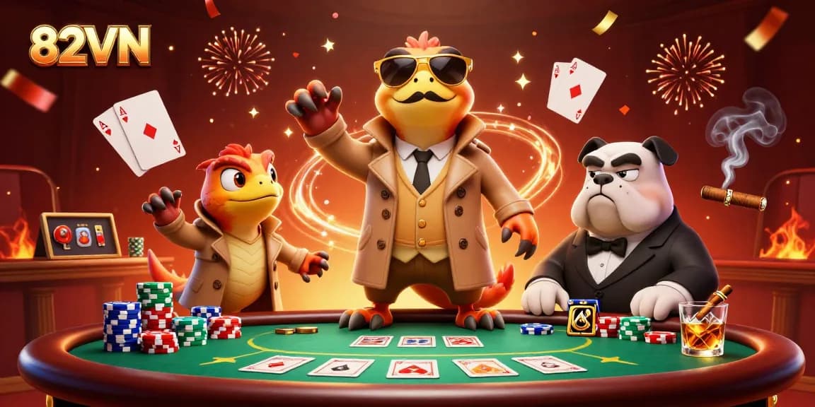 Three raptors in a trench coat sneak into a VIP casino at 82VN, showcasing intense poker action.