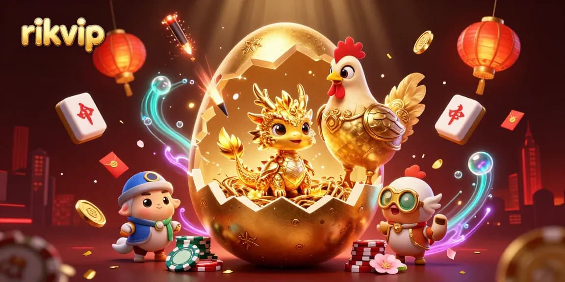 Win big with rikvip at an exciting online casino scene featuring golden dragon and poker chips.