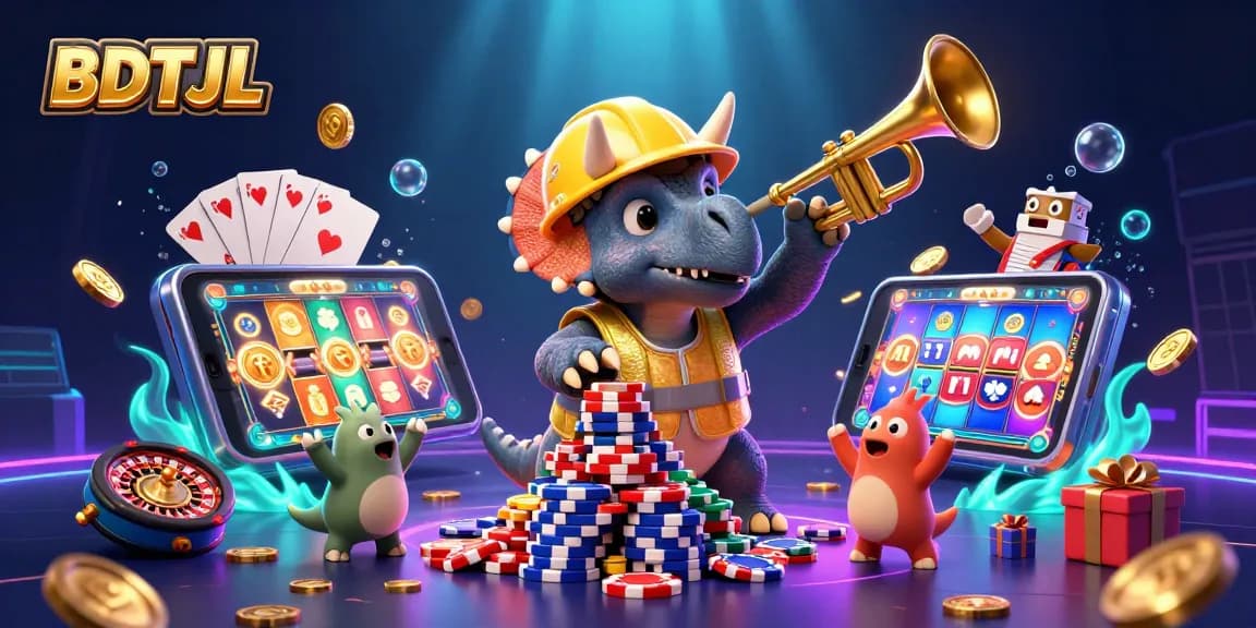 Engage with BDTJL casino excitement as cheerful dinosaurs celebrate with poker chips and gaming elements.