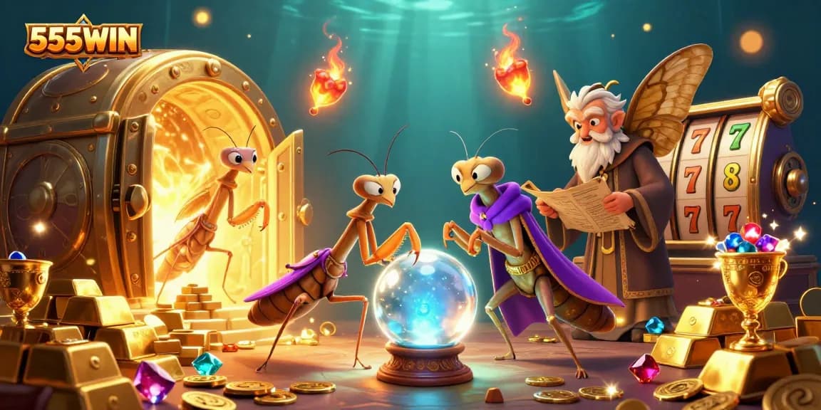 Experience the thrill at 555WIN with vibrant slot reels and magical game elements.