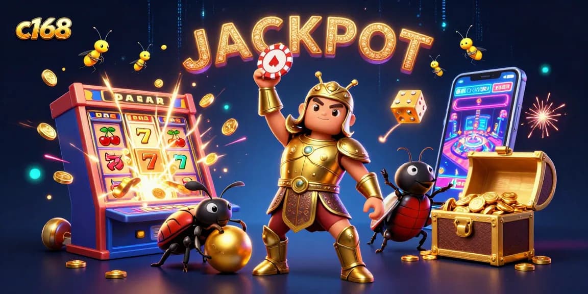 Experience c168's thrilling jackpot excitement with a heroic beetle and dazzling casino elements.