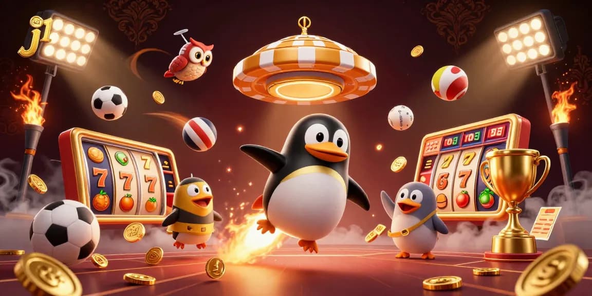 Experience j188 innovative gaming with a golden penguin bringing excitement to casino adventures.