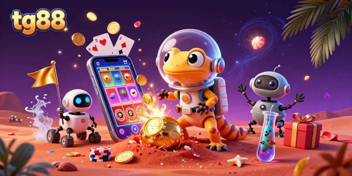 Experience tg88 casino adventures with an energetic Martian gecko amidst golden gaming riches.
