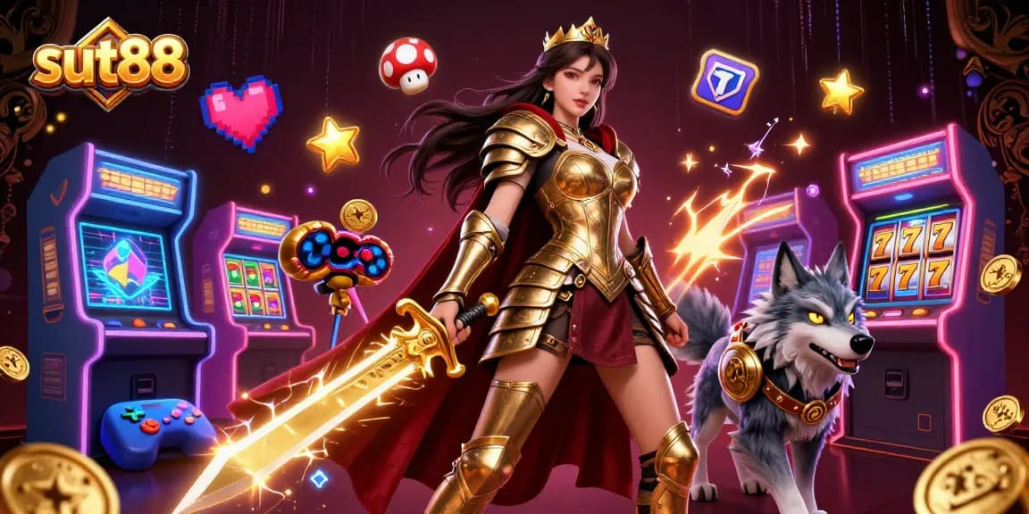 Sut88 brings captivating casino gaming to life with an epic warrior queen surrounded by vivid slot game elements.