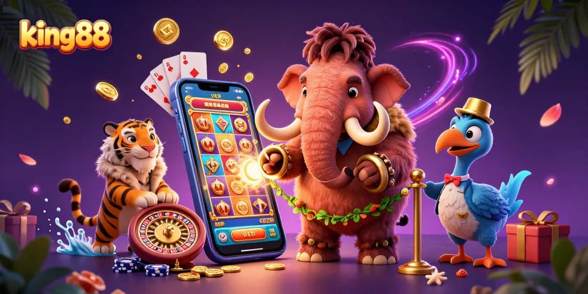 Experience the thrill of king88 with a vibrant casino scene featuring a mammoth bouncer, VIP tiger, and dodo doorman.