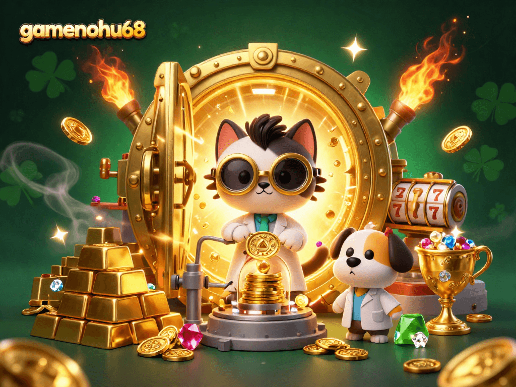 Join the fun at gamenohu68 with a cartoon cat scientist and dog assistant in a bustling casino lab.