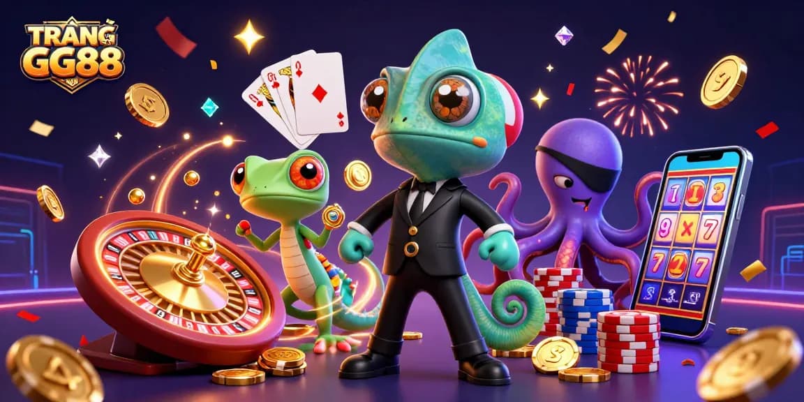 Experience TRANG CHỦ GG88 with vibrant chameleon and gecko in 3D casino action, surrounded by gold coins and slots.